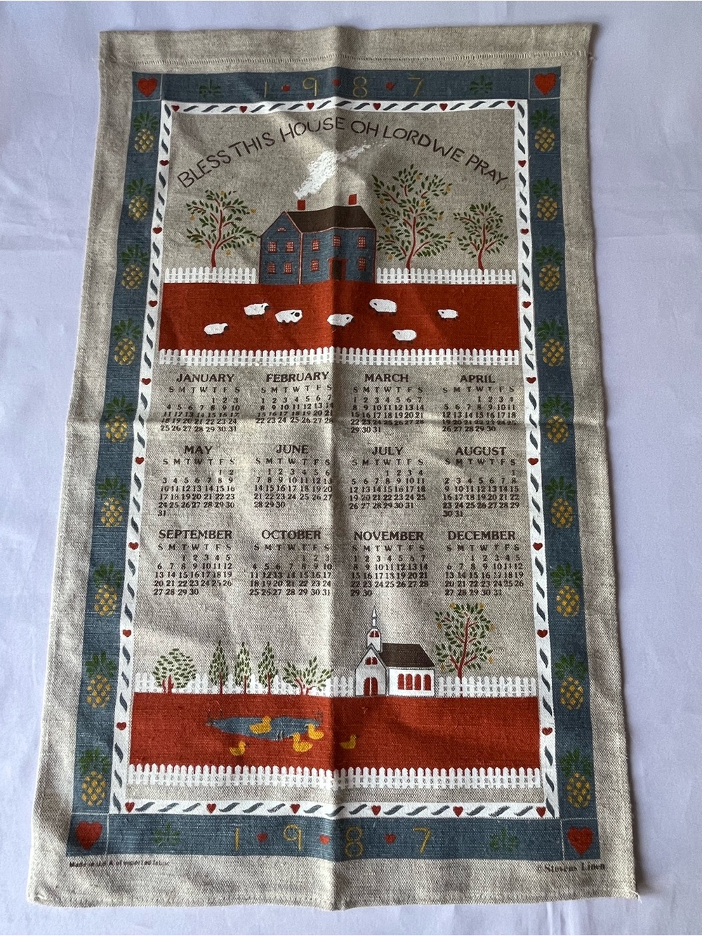 Vintage 1987 Stevens Linen Calendar Kitchen Tea Towel - Folk Art Country Farm